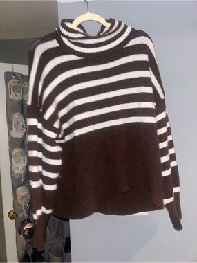 A New Day Striped Brown and White Turtleneck Sweater - Cozy Women’s Pullover
